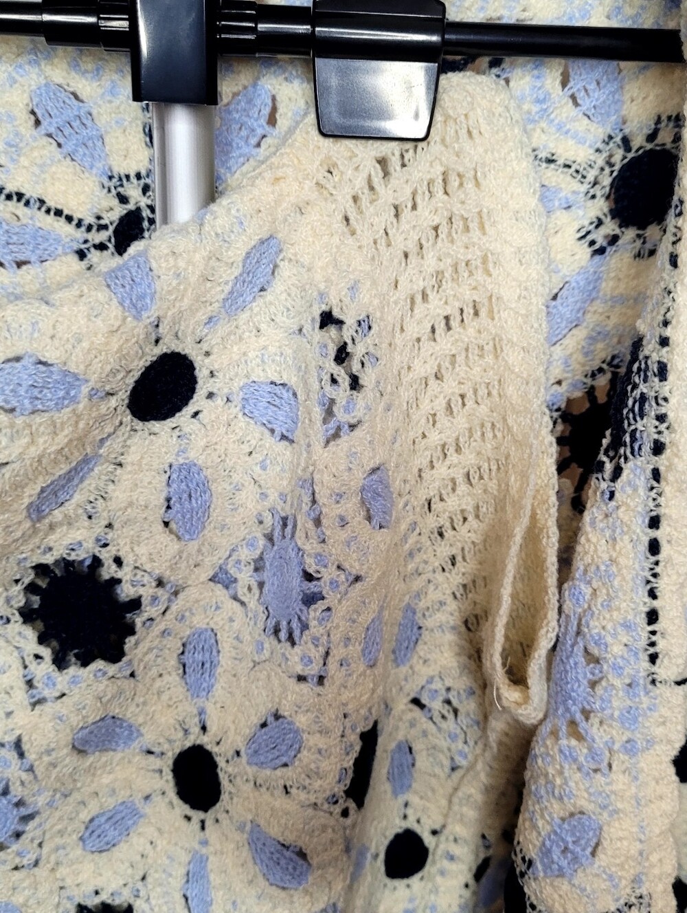 POL Open Front Floral Crochet Blue Cream Boho Kimono Cardigan Cover Up One Size - Picture 8 of 10